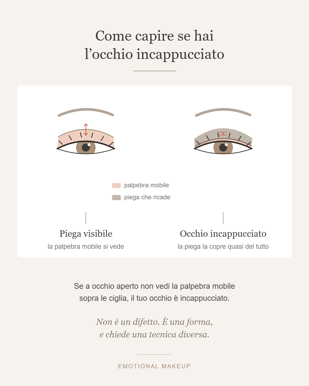 Schema per riconoscere l'occhio incappucciato: a sinistra la palpebra mobile visibile, a destra coperta dalla piega
